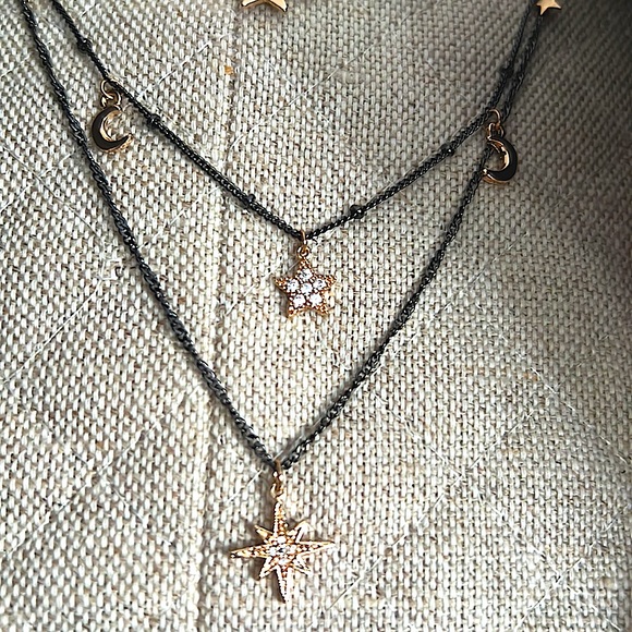 Multi Strand Chain Necklace W/Gold Plated & Crystal Star And Moon Charms - NEW - Picture 4 of 5